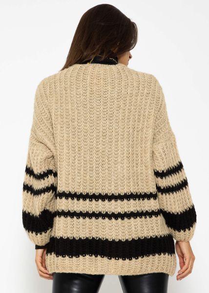 Knitted cardigan with black stripes - beige