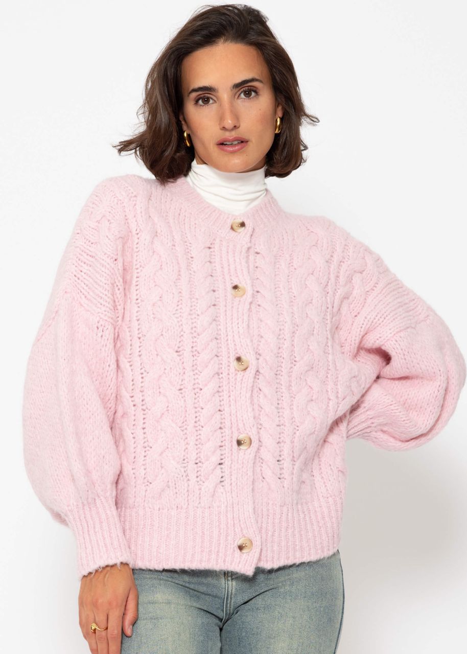 Super fluffy cardigan with cable knit pattern - pink