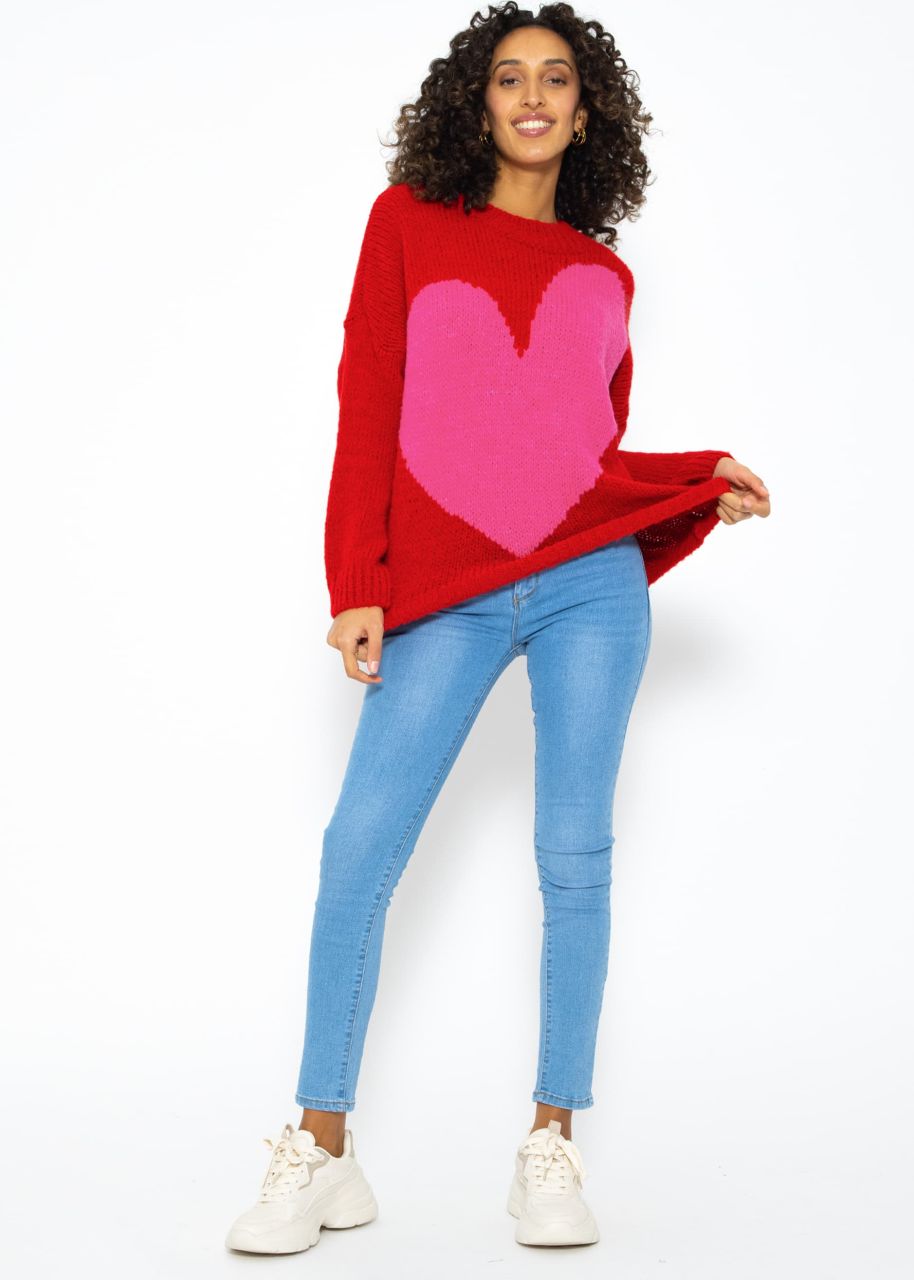 Oversized jumper with heart motif - red-pink