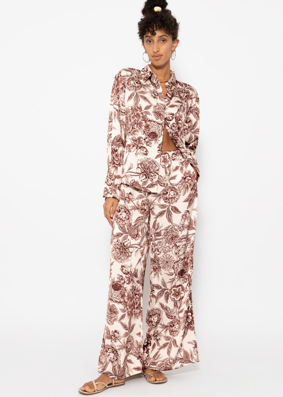 Satin pants with print - offwhite-wine red