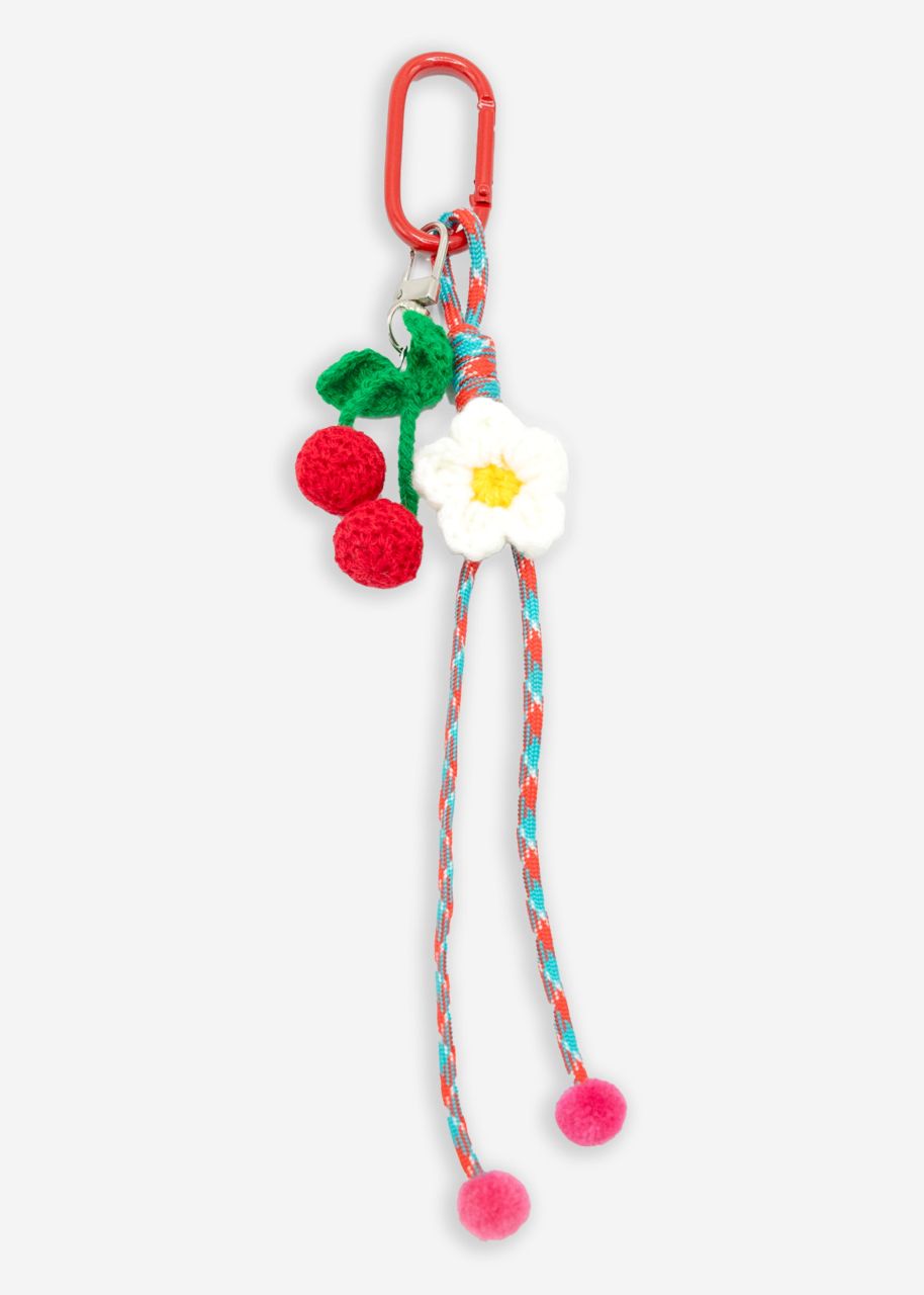 Bag charm with cherry and flower - red