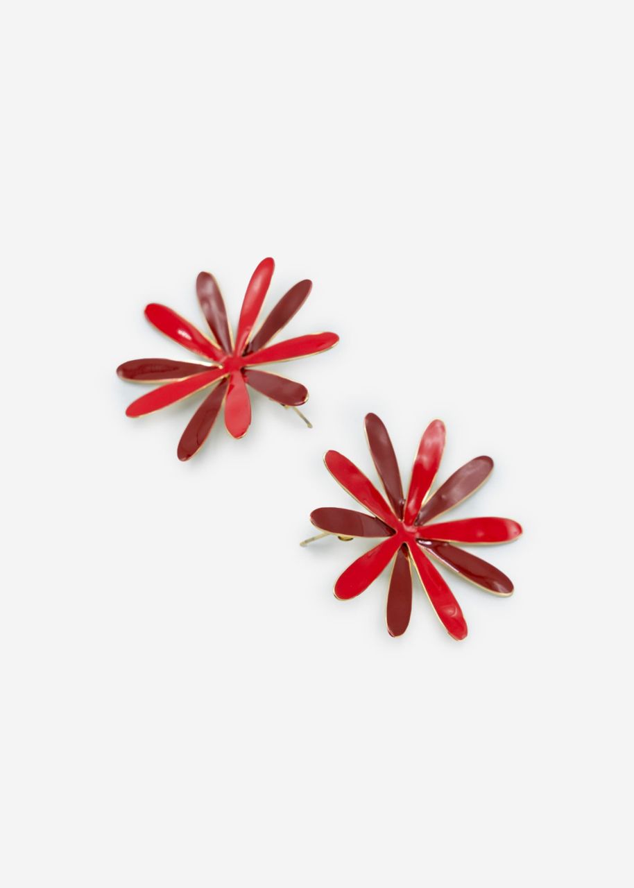 Stud earrings with red flower - gold