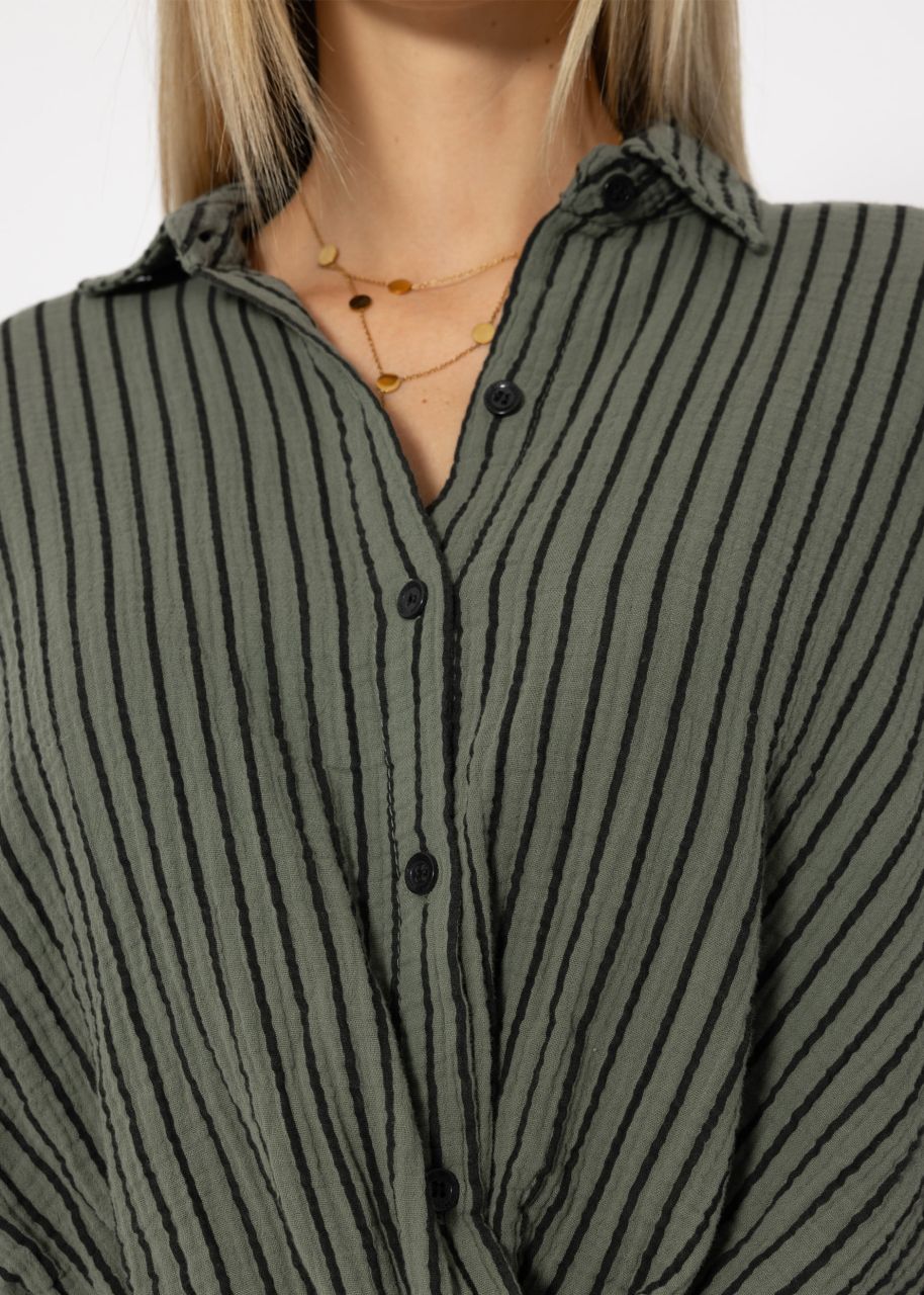 Striped muslin blouse with knot - khaki-black