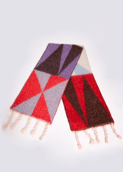 Patterned scarf with bright fringes, red/purple/offwhite