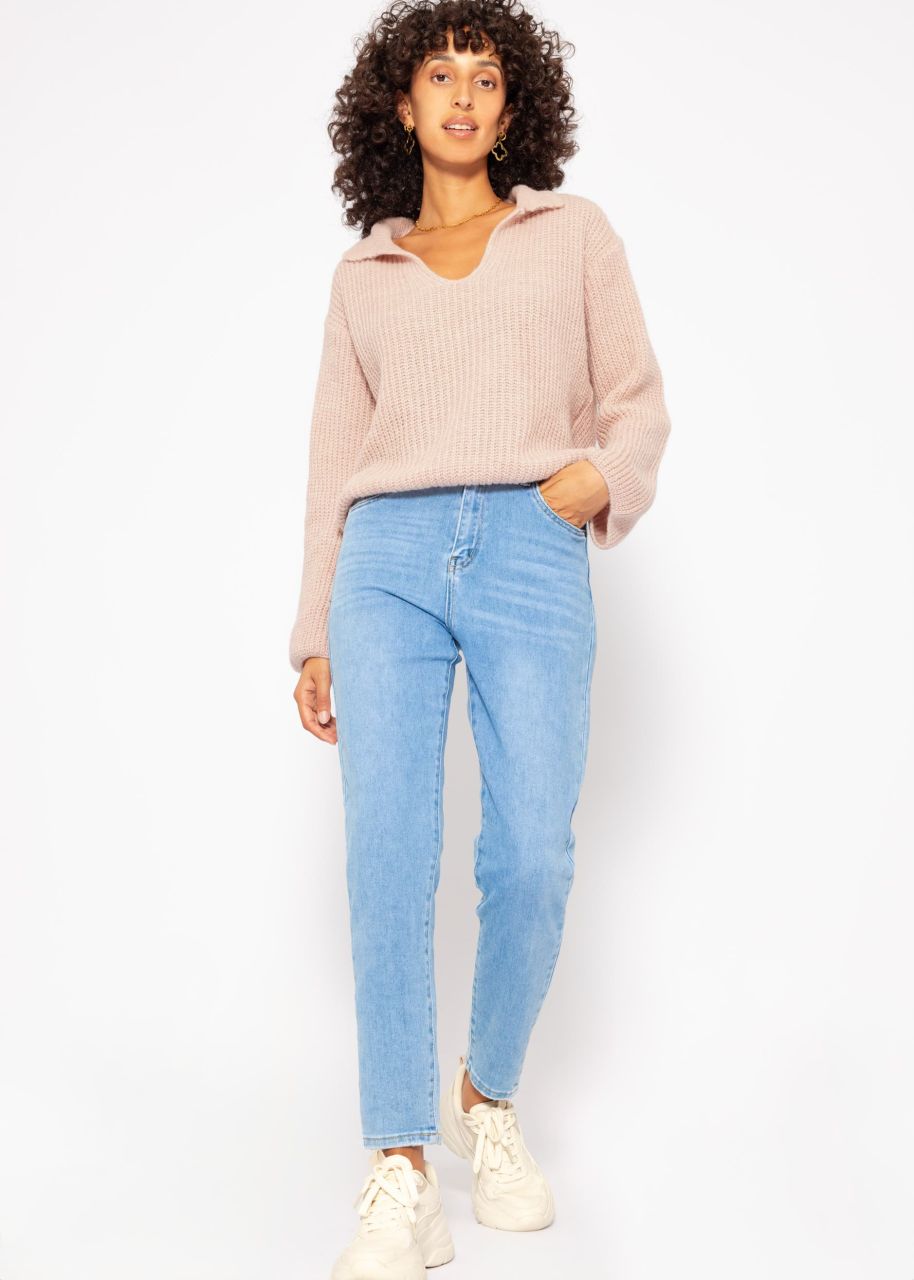 Oversized jumper with V-neck and collar - powder pink