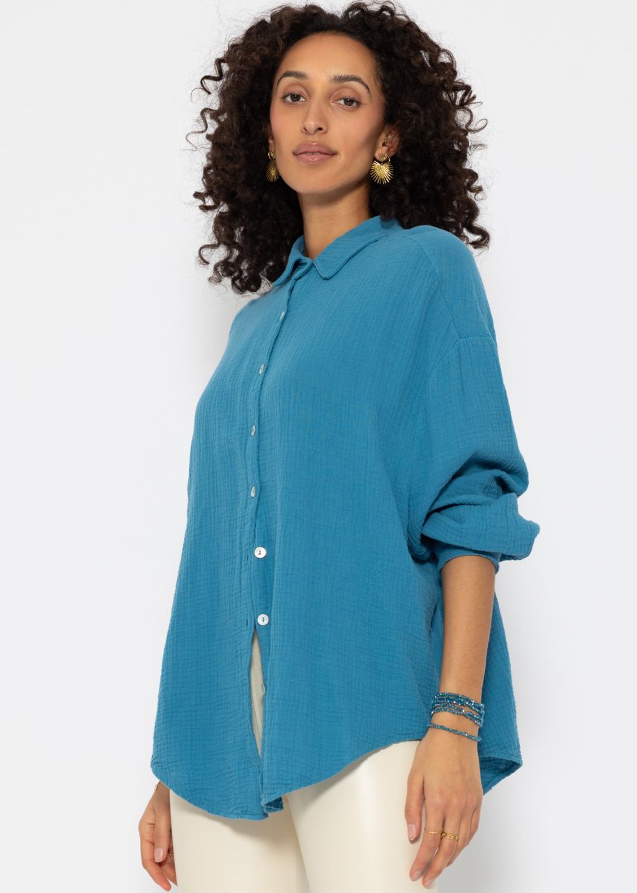 Muslin blouse oversize, short, petrol blue