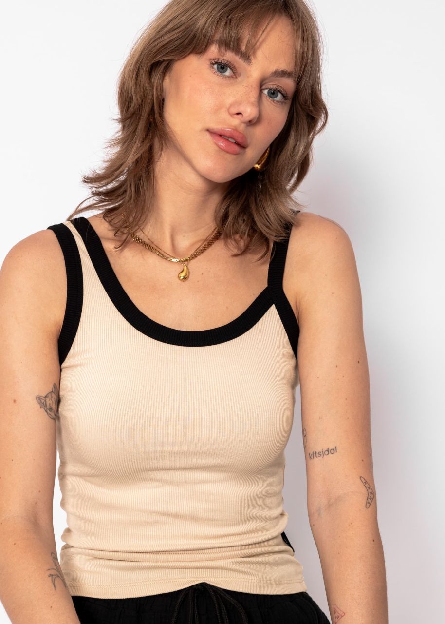 Asymmetric tank top with black trims - beige