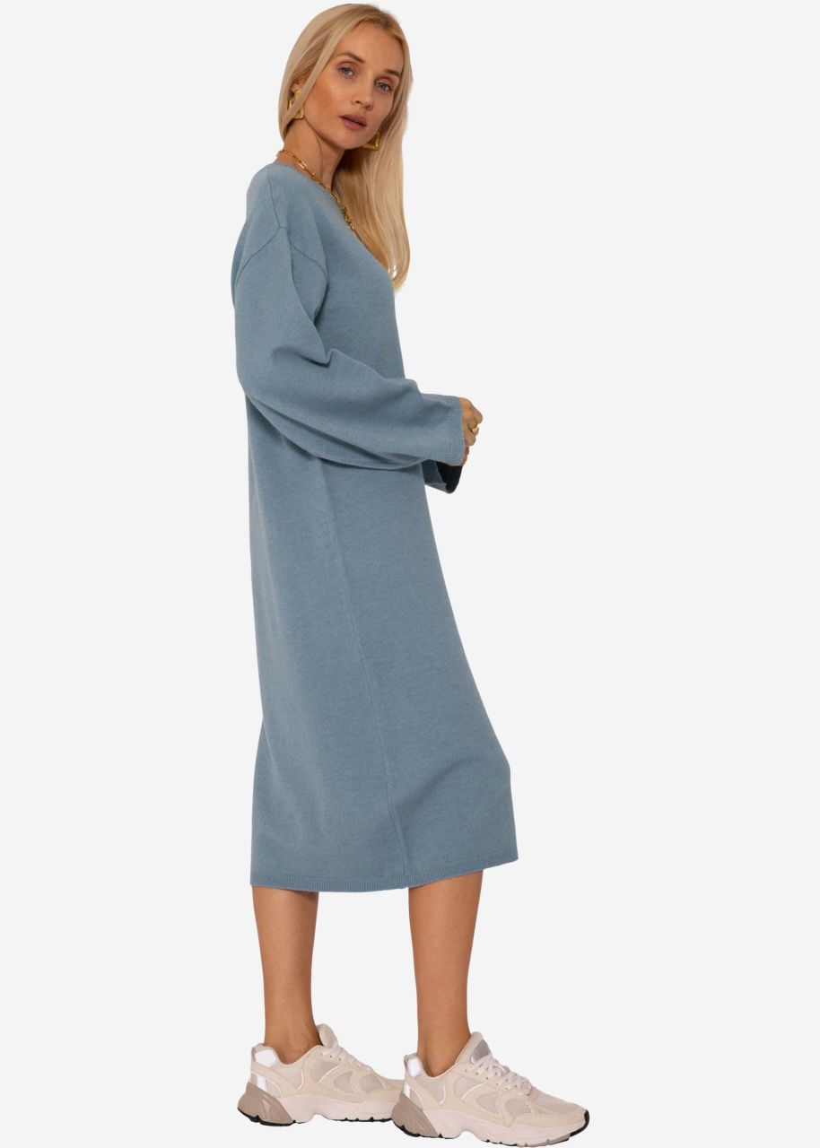 Midi length knit dress with side slit - jean blue