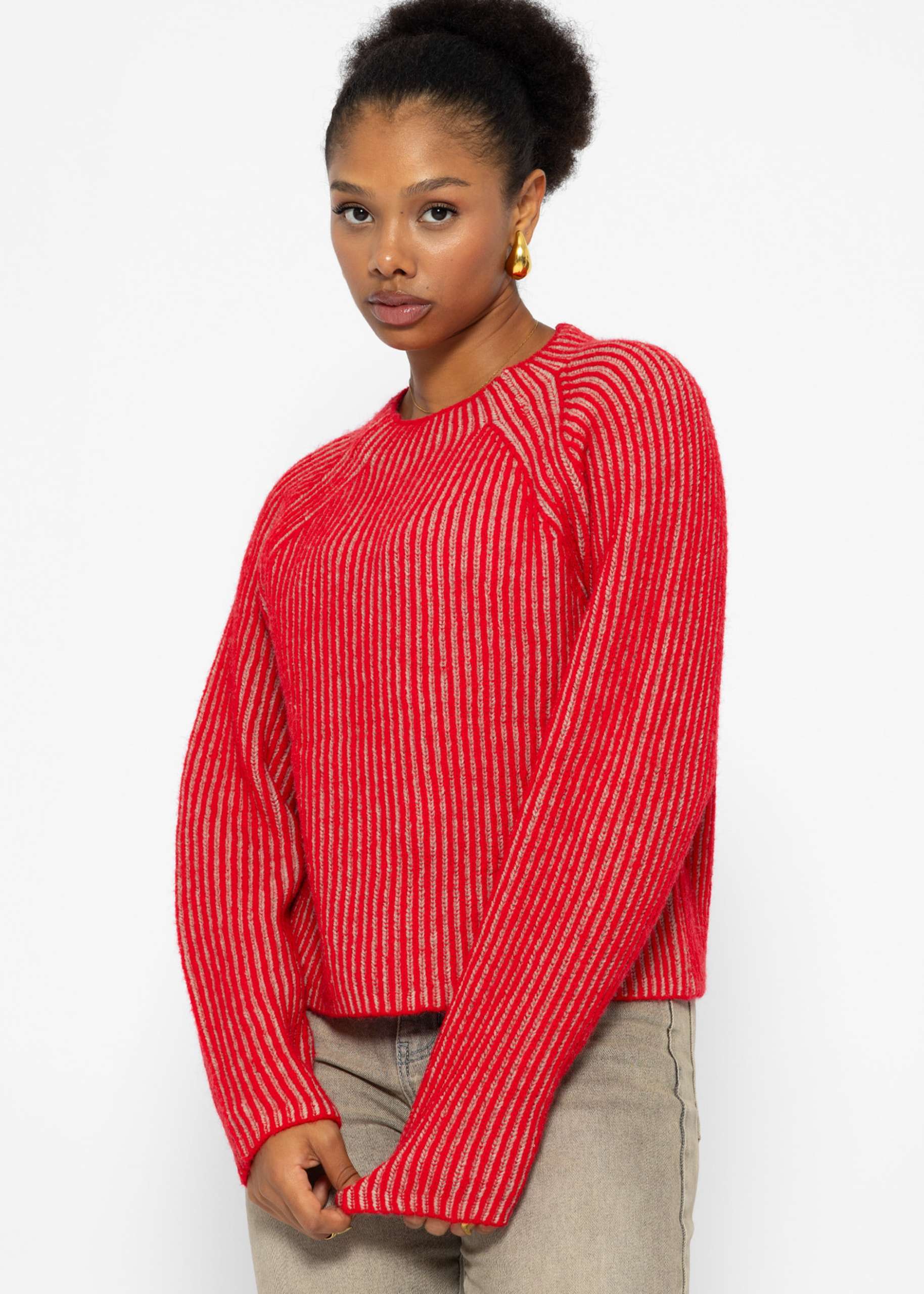 Two-coloured ribbed jumper - red-beige