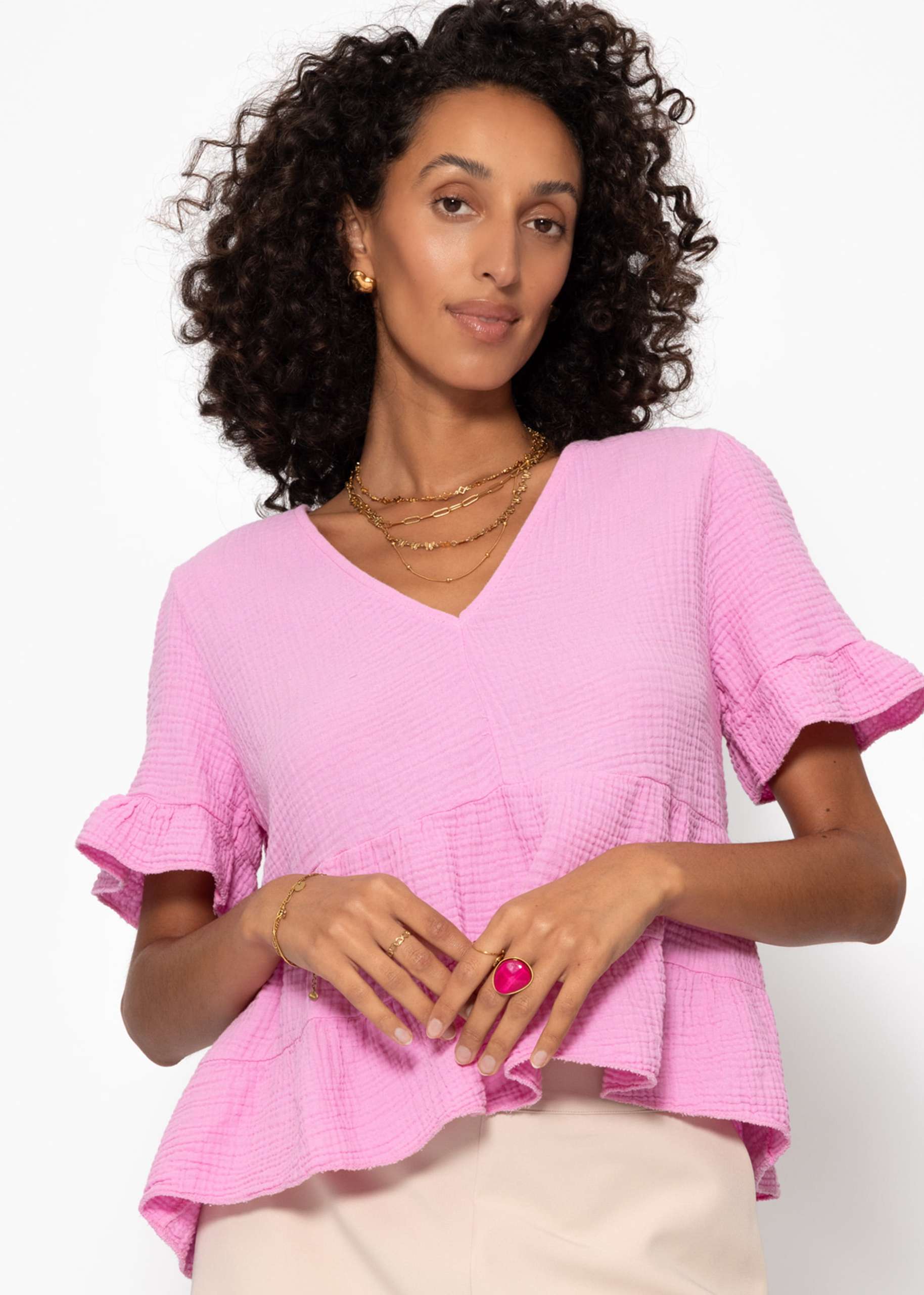 Muslin shirt with flounces - pink