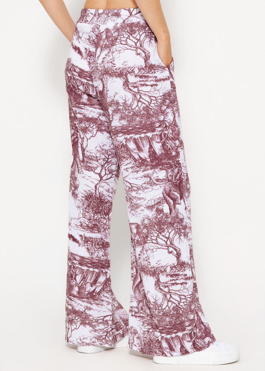 Muslin pants with wide leg and print - wine red