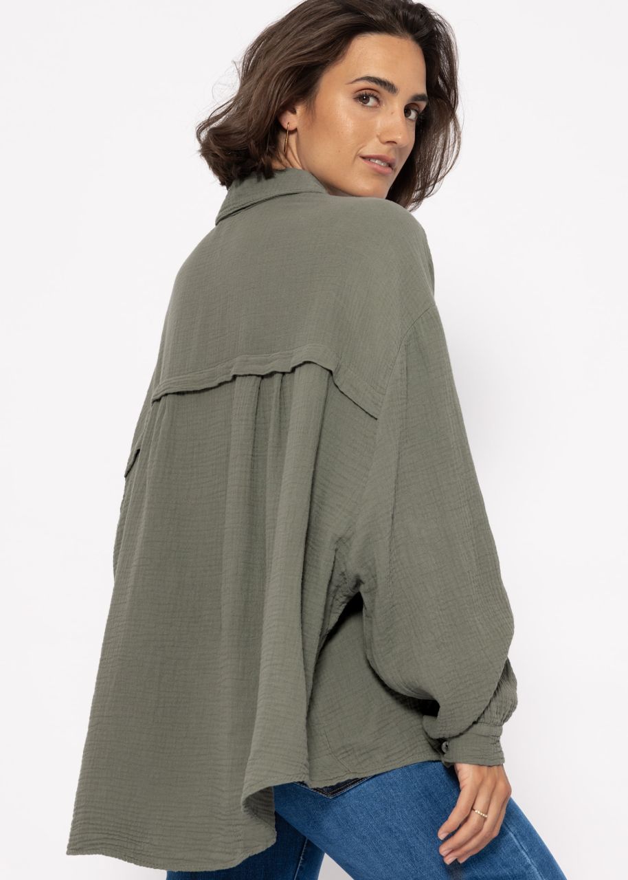 Muslin blouse oversize, short, khaki