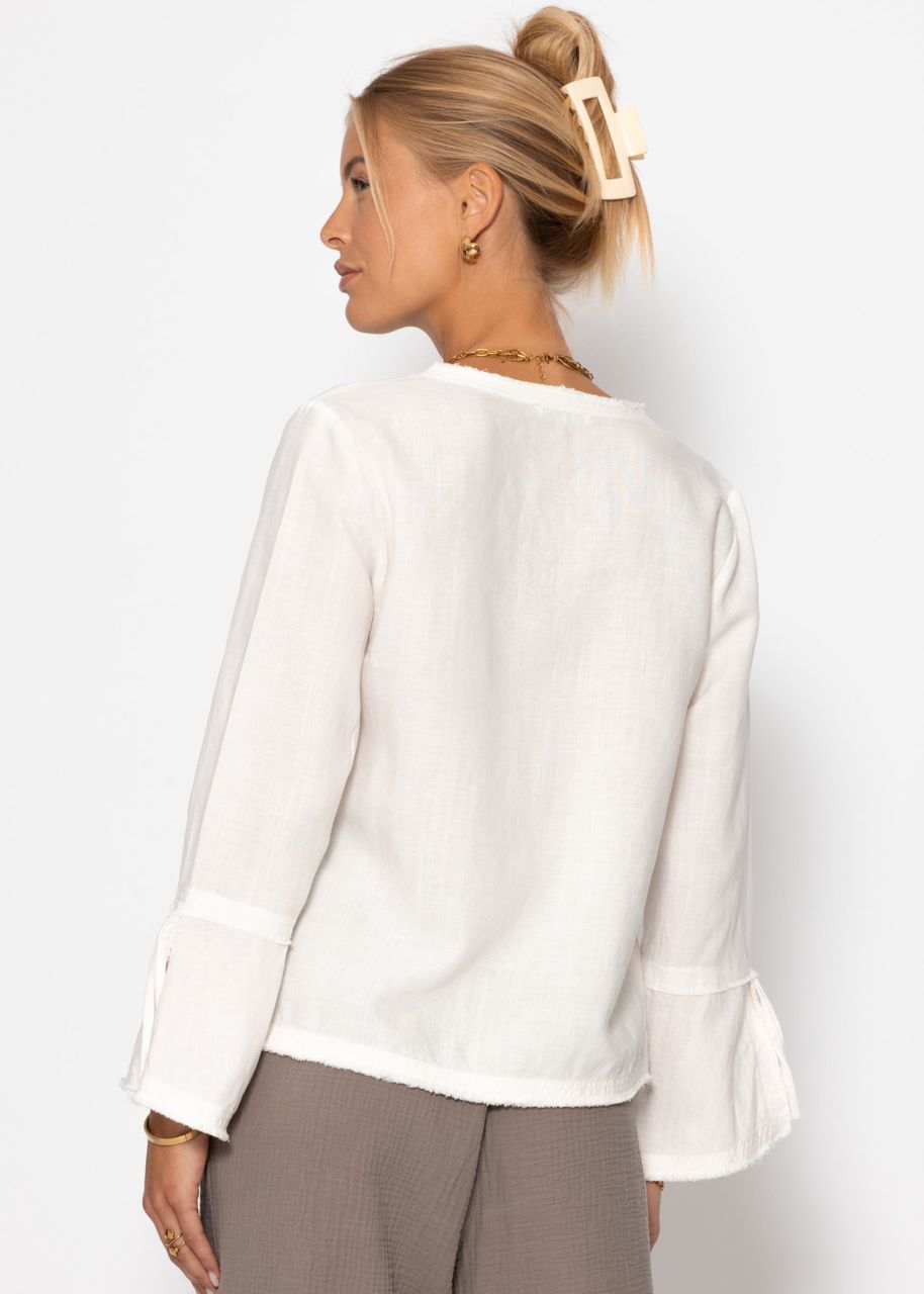 Linen blouse with trumpet sleeves and bow fastening - white