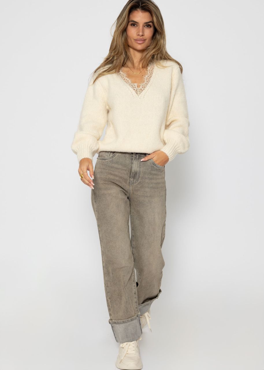 Jumper with lace neckline - offwhite