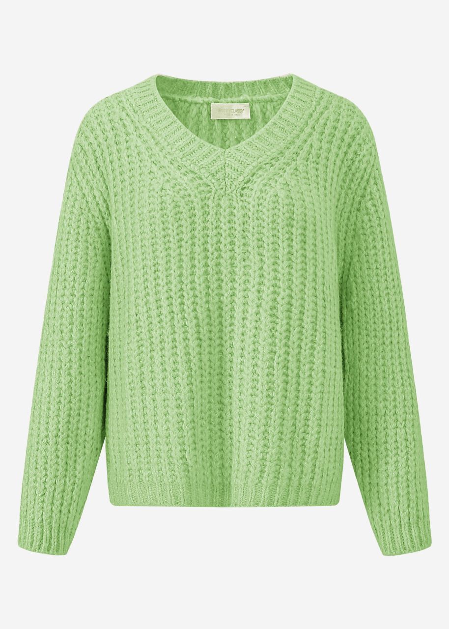 Oversized chunky knit jumper with V-neck - sage green