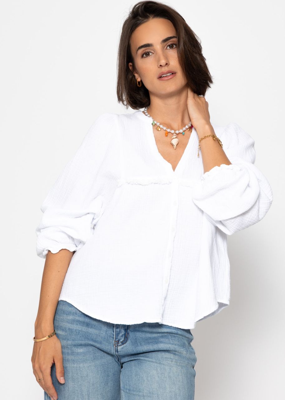 Muslin blouse with V-neck and fringes - white