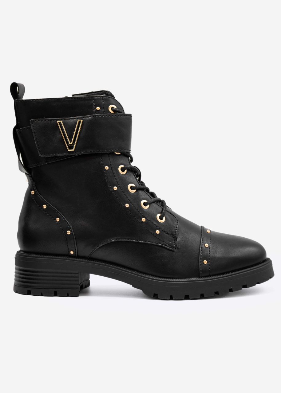 Lace up boots with gold details, black