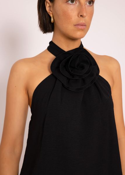 Halterneck top with flower, black