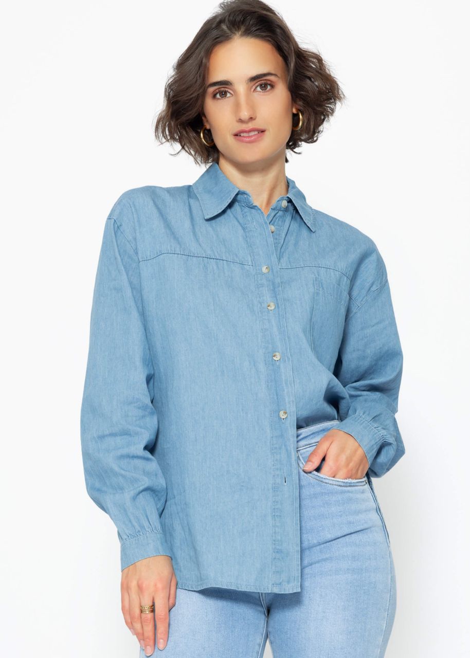 Casual denim shirt blouse with breast pocket - blue