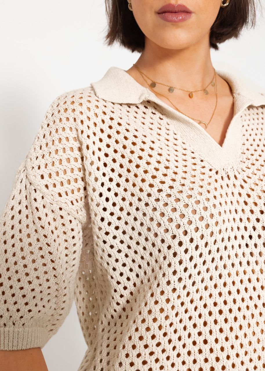 Short sleeve polo sweater in perforated knit - light beige