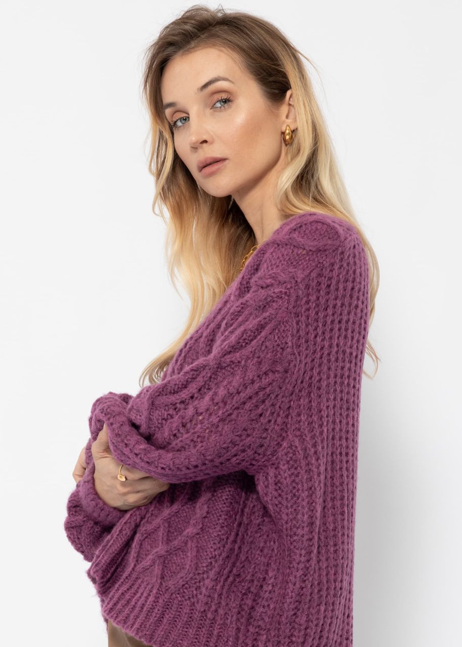 Oversized cardigan with cable knit pattern - aubergine