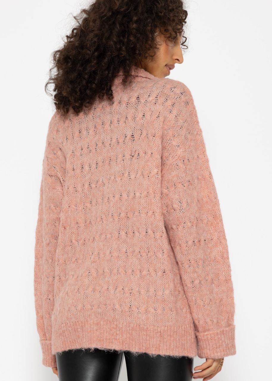 Fluffy cable-knit cardigan with collar - dusky pink