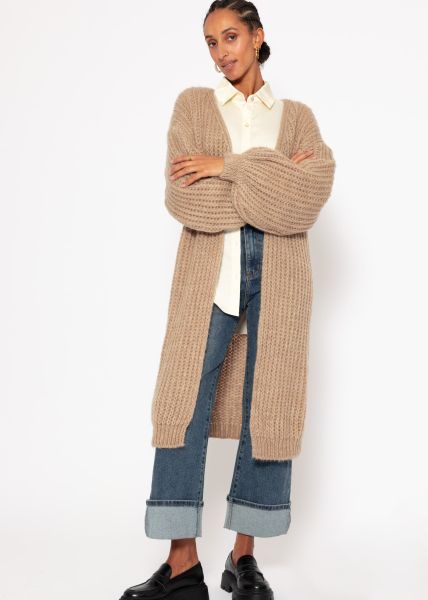 Ribbed, long cardigan with balloon sleeves - taupe