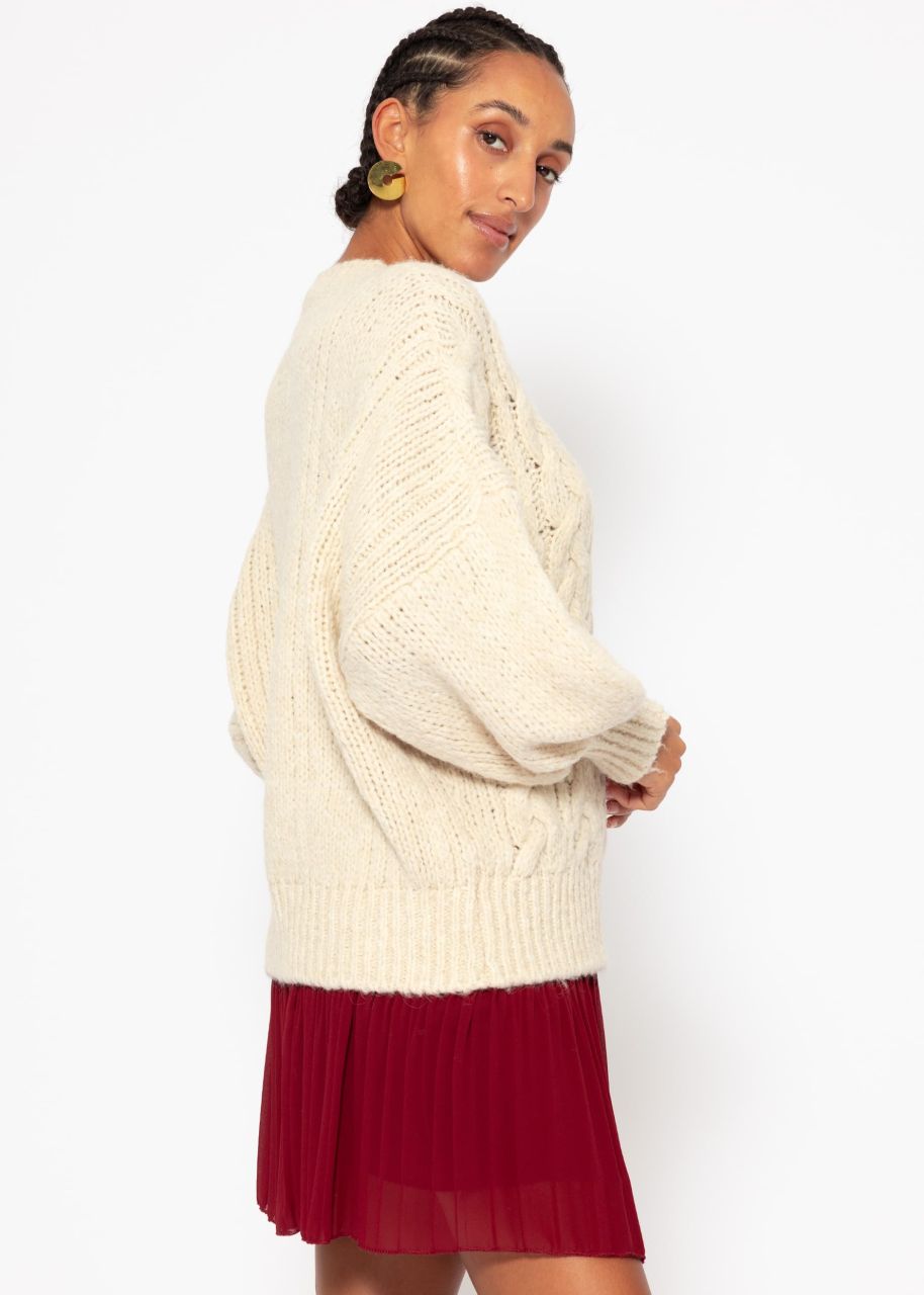 Super fluffy cardigan with cable knit pattern - cream white