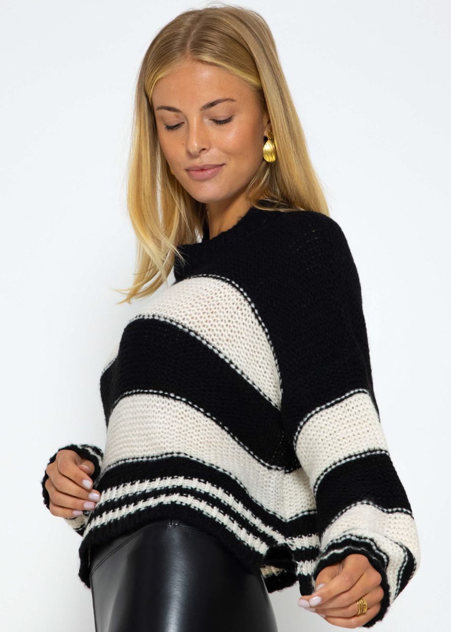 Turtleneck jumper with stripes, black-beige