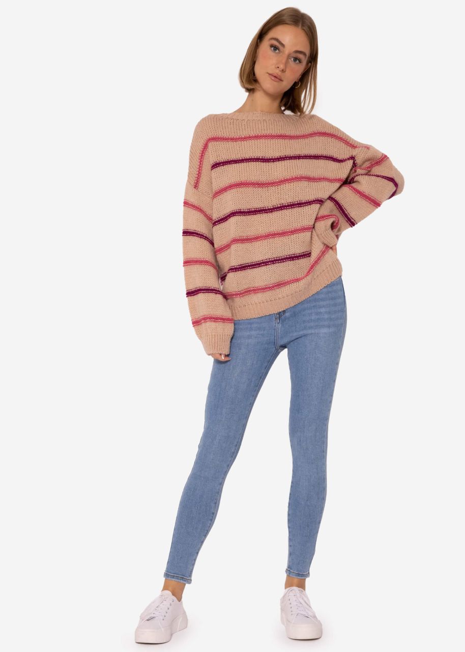 Knitted jumper with coloured stripes - nude-mauve-purple