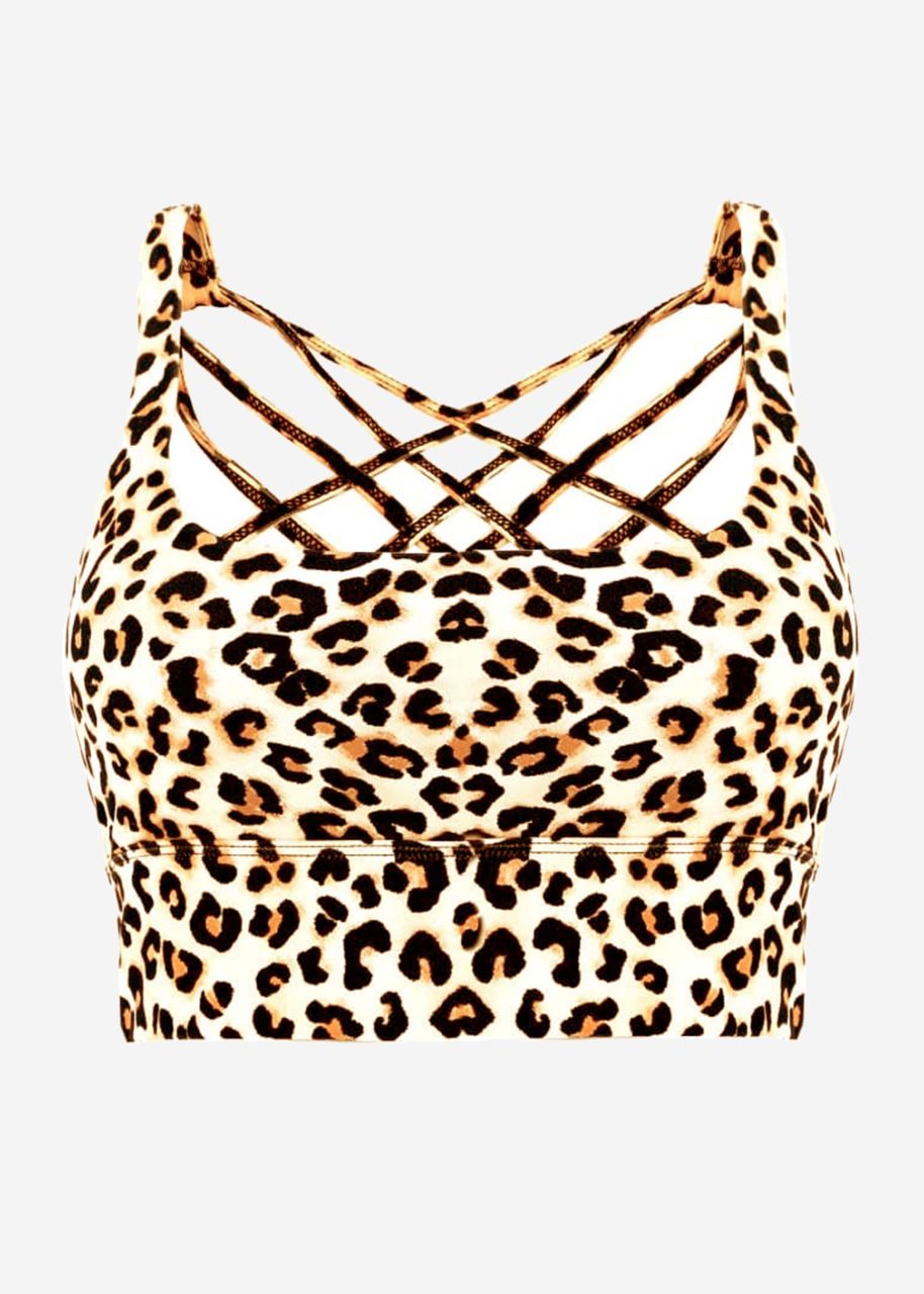 Crop sports bra with cross back in leo print - beige