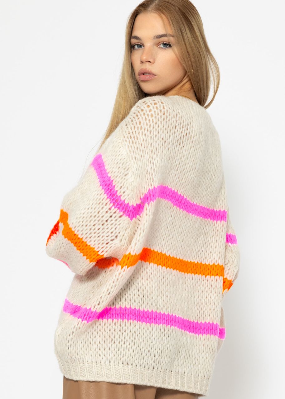 Oversize cardigan with pink and orange stripes, offwhite