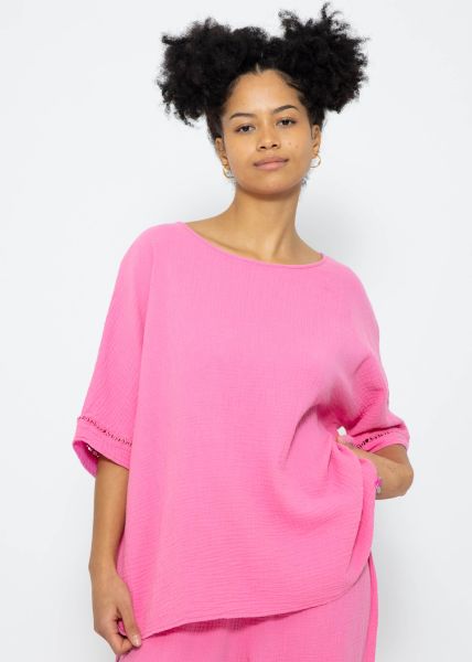 Muslin pyjama shirt with lace trim - pink