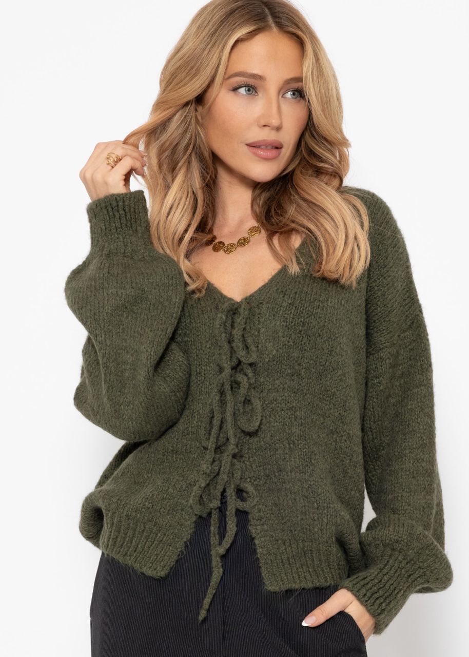 Fluffy cardigan with bow fastening - khaki