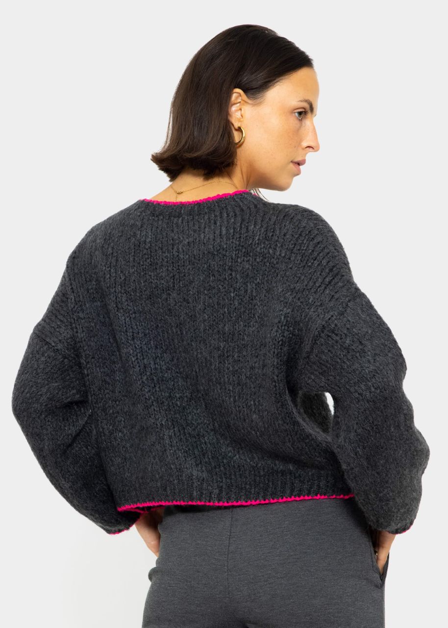 Fluffy jumper with pink trims - dark grey