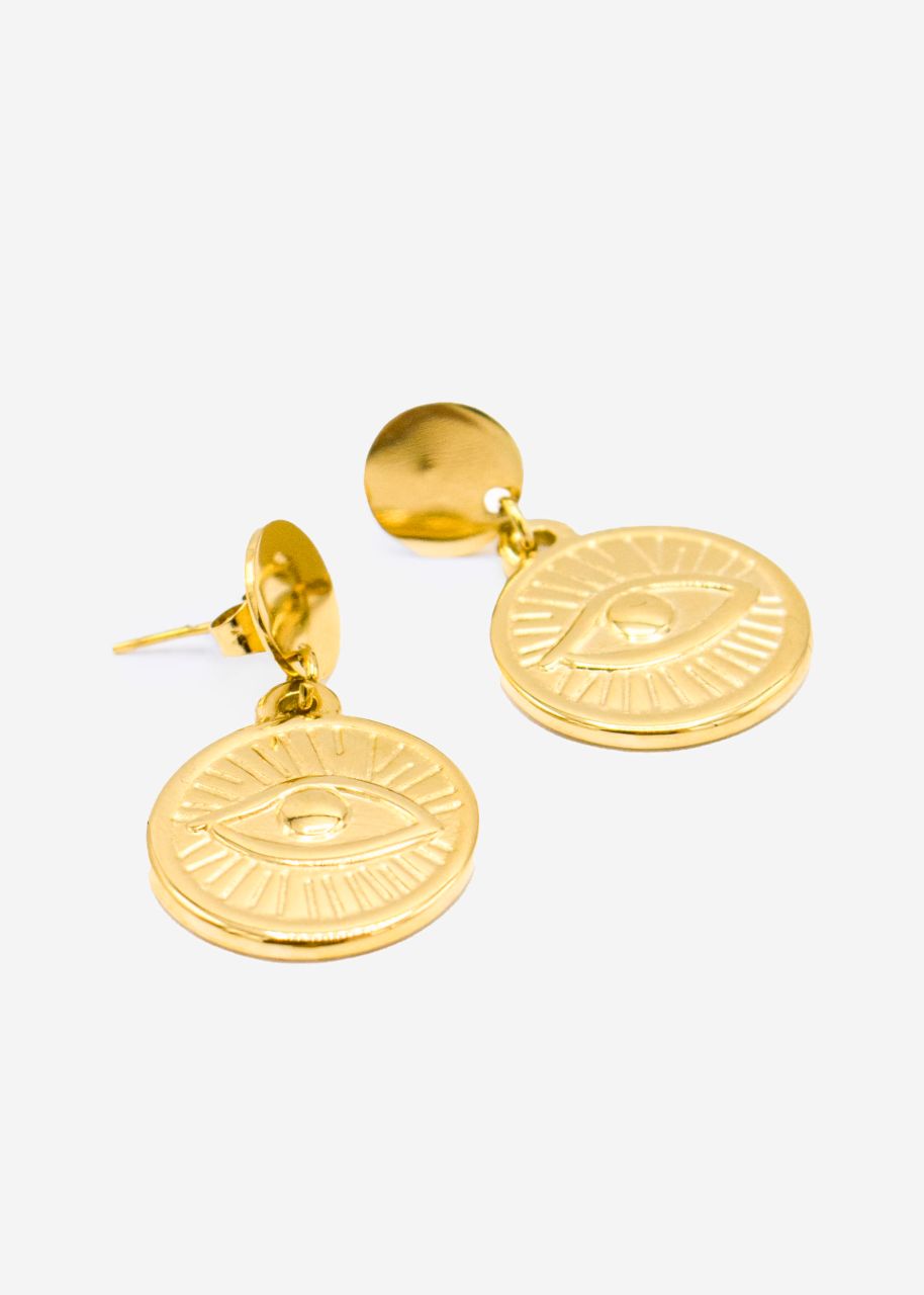 Stud earrings with hanging round pendant, gold