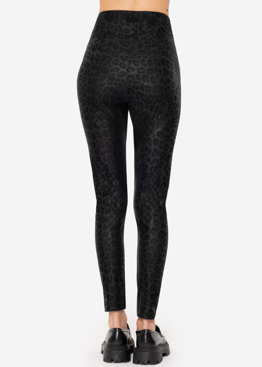 Thermo faux leather leggings with leo print - black