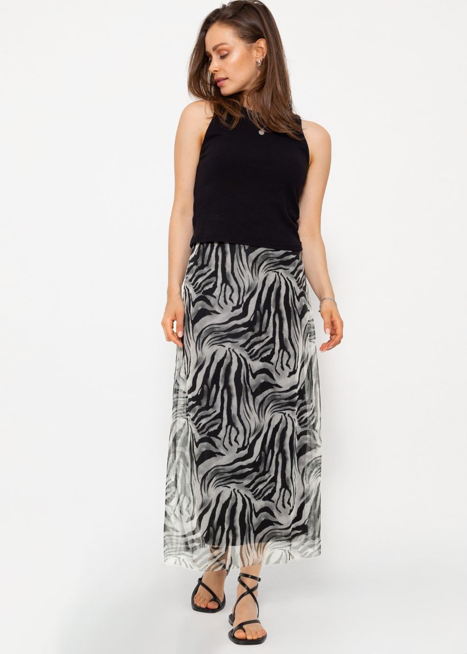 Flared mesh skirt with zebra print - light gray