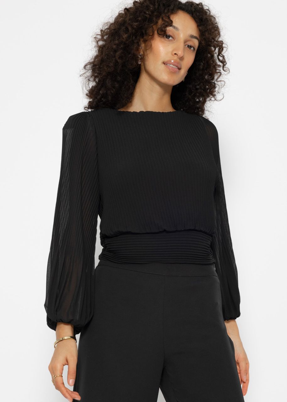 Pleated blouse with balloon sleeves - black