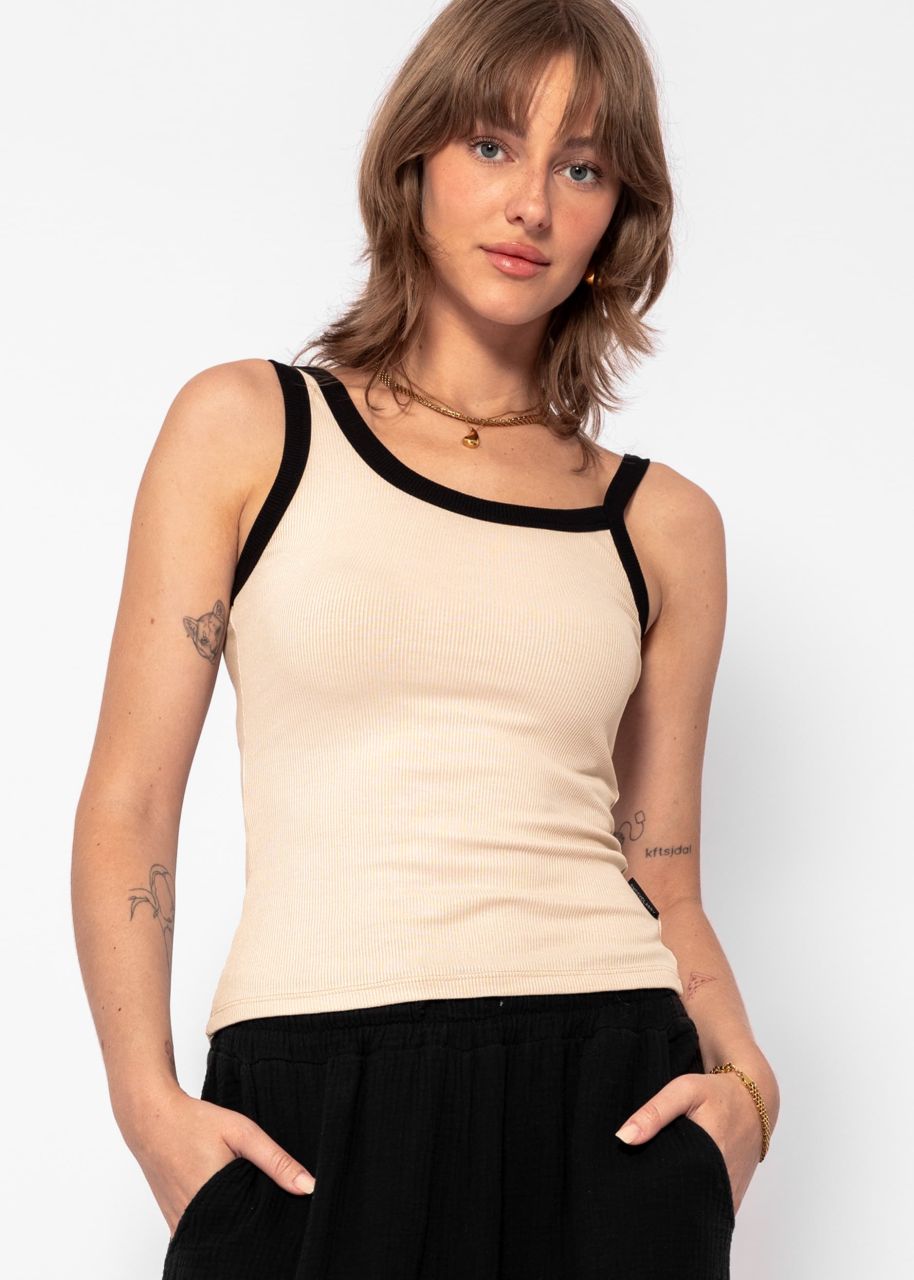 Asymmetric tank top with black trims - beige