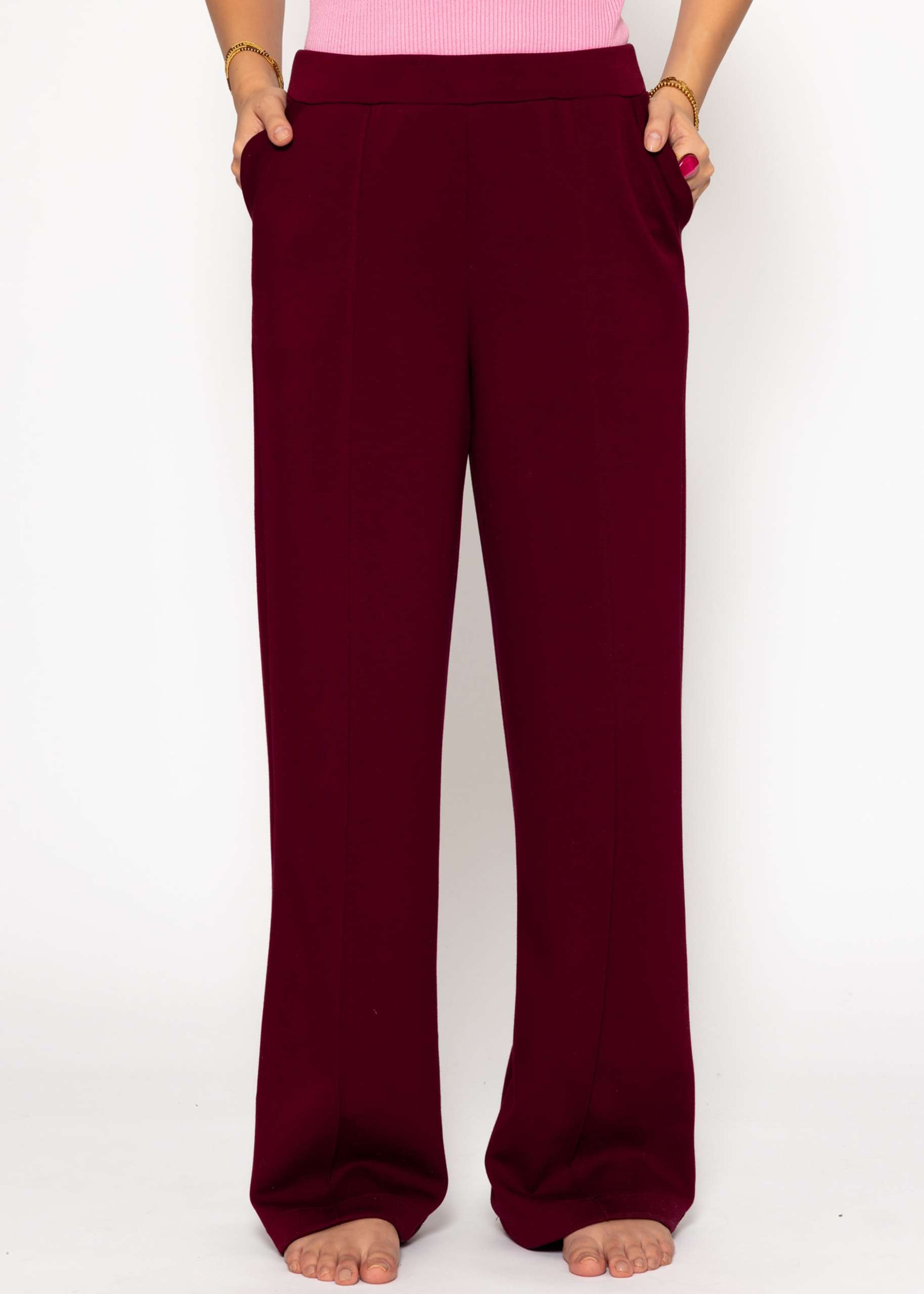 Soft wide jogging pants with piping - burgundy