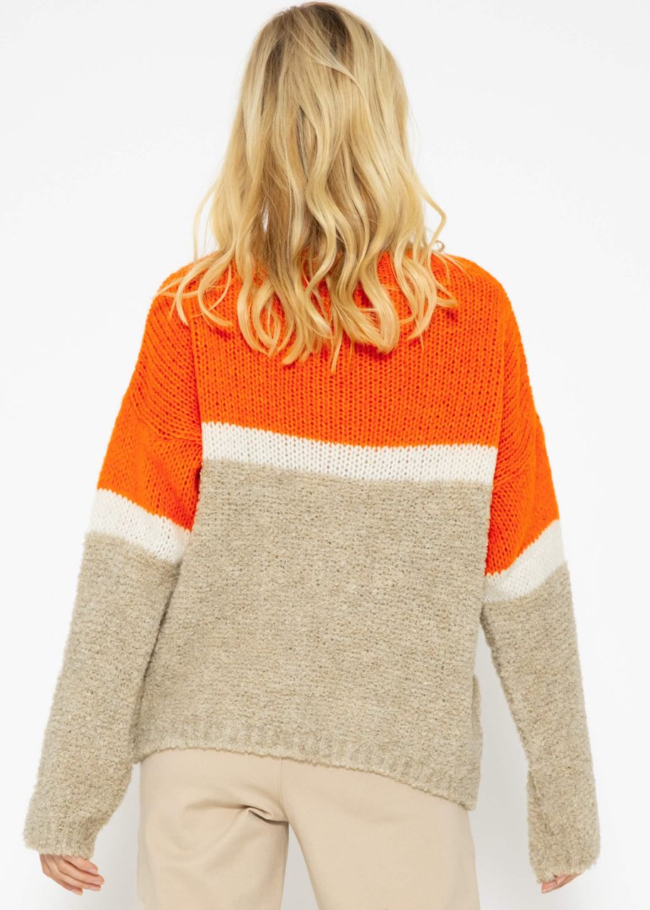 Fluffy jumper with stripe design - orange-offwhite-beige