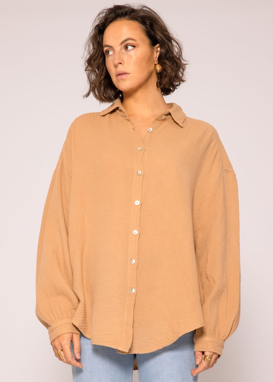 Ultra oversize muslin blouse shirt, shorter version, camel