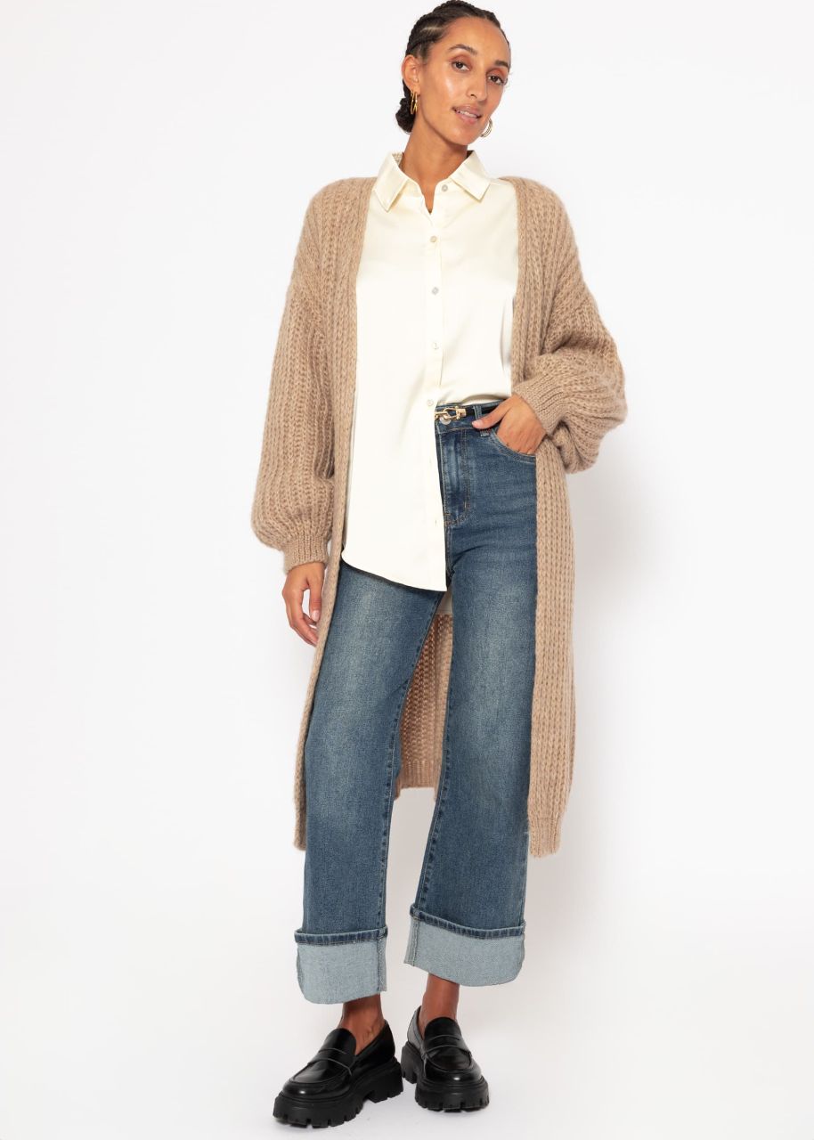 Ribbed, long cardigan with balloon sleeves - taupe