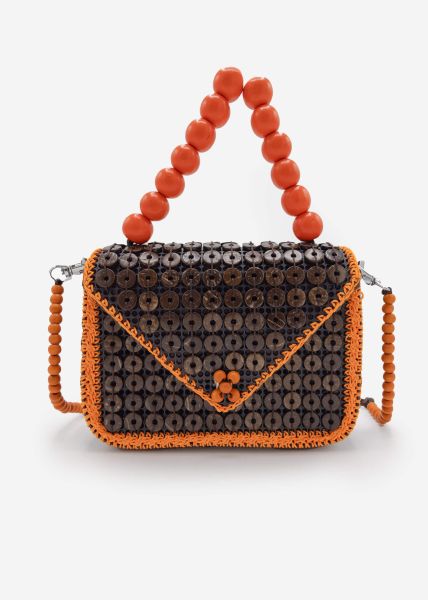 Small bag with orange-coloured beaded handle - dark brown