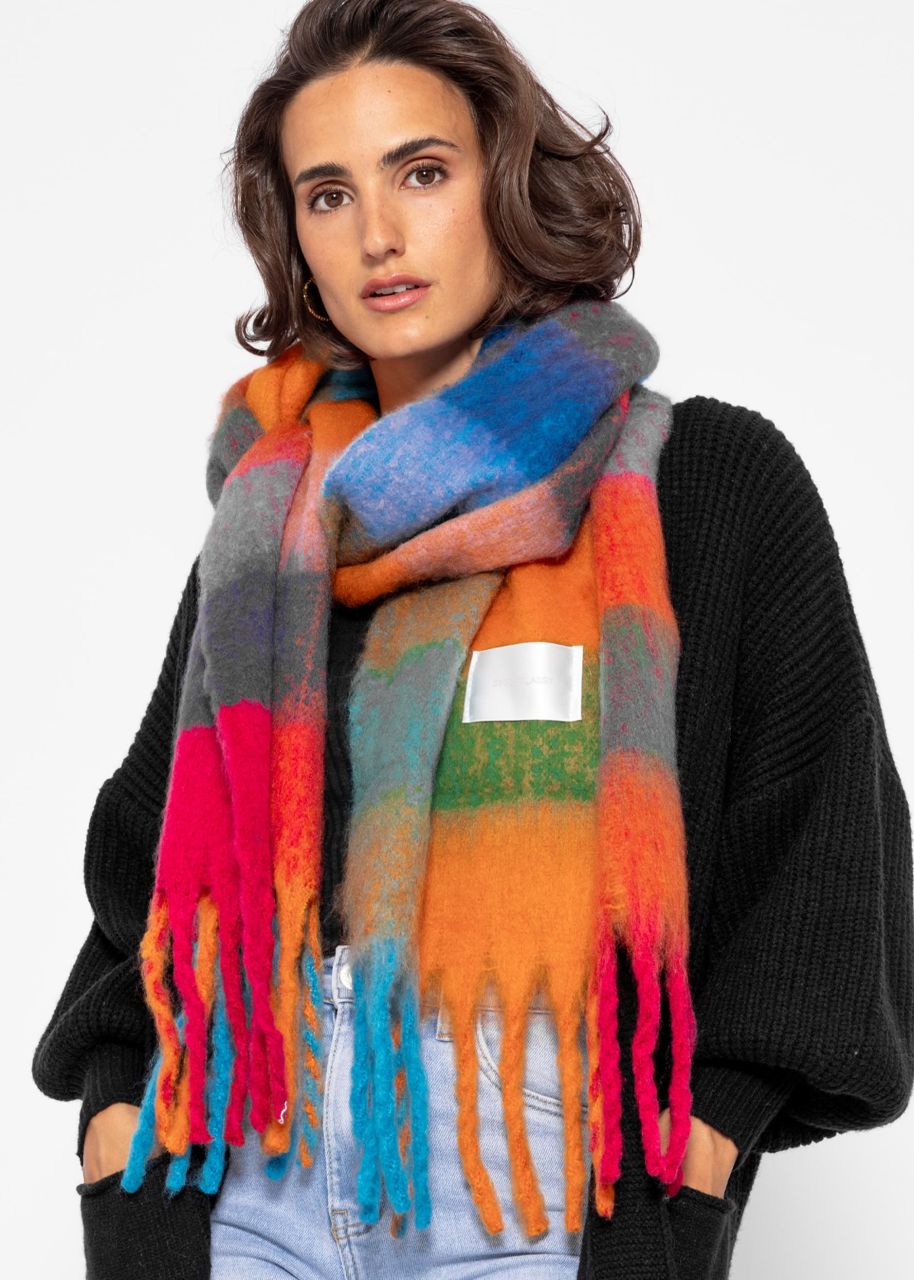 Checked fluffy scarf - orange-pink-blue