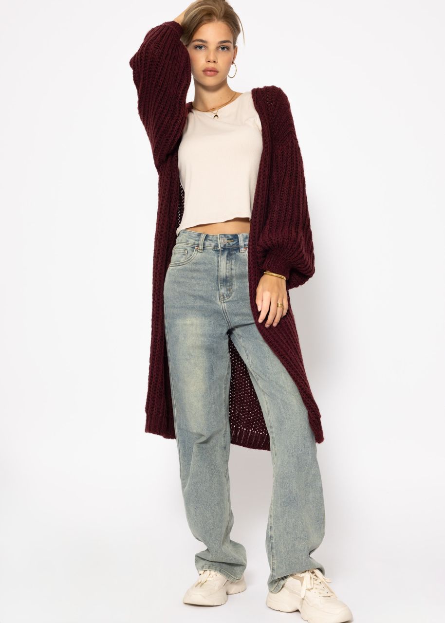 Ribbed long cardigan with balloon sleeves - burgundy