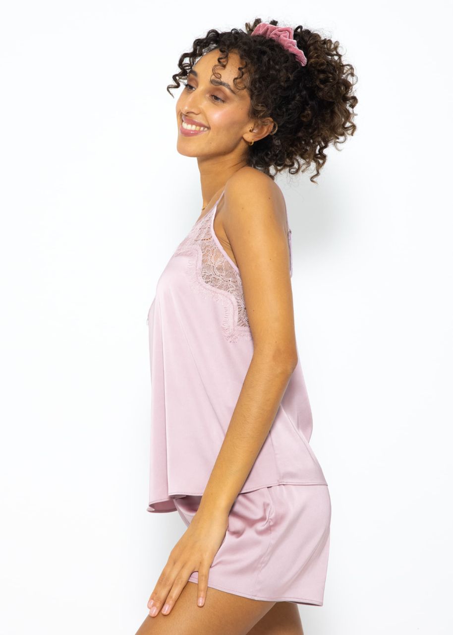 Satin pyjama top with lace - pink