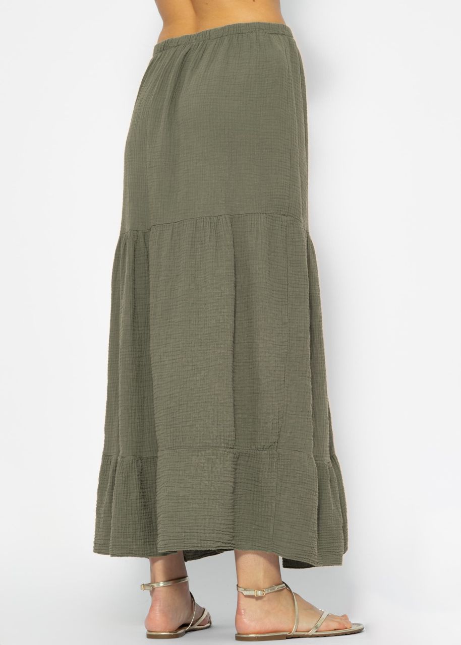 Muslin maxi skirt with flounces - khaki