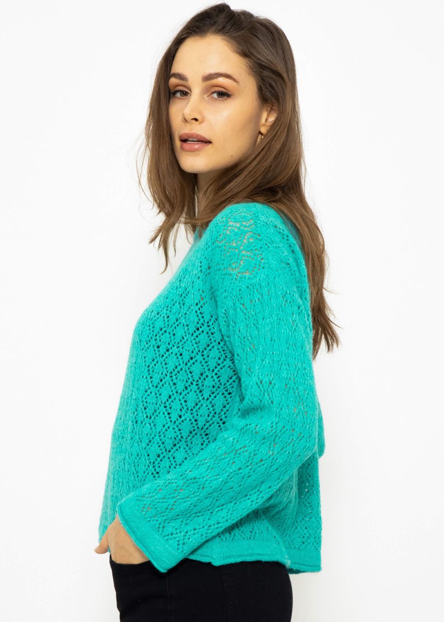 Sweater with diamonds hole pattern, turquoise